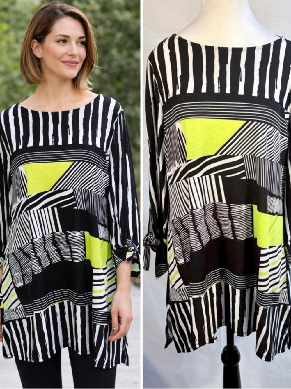 IC by Connie K  Multi Stripe Art Tie Sleeve Tunic Made in USA Sz M🧡